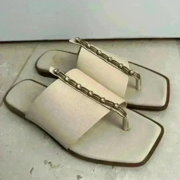 Franco Sarto Megs Sandal Brass Diamond Accents‎ Cream Leather Modern Art Deco 8 - Picture 1 of 8